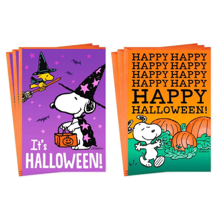Two Halloween-themed greeting cards featuring  Snoopy cartoon characters with pumpkins and text.