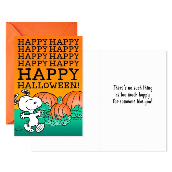Halloween card with Snoopy and pumpkins, featuring text 'Happy Happy Happy Happy Happy Happy Halloween!'.