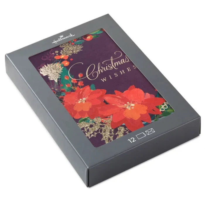 Holiday card packaging with floral design and 'Christmas Wishes' text on a white background