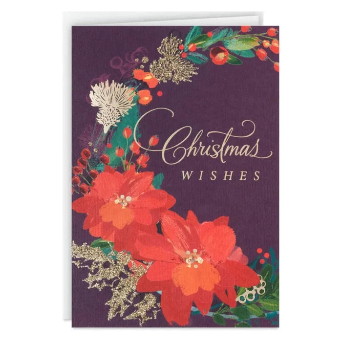 Greeting card with floral design and 'Christmas Wishes' text on a purple background
