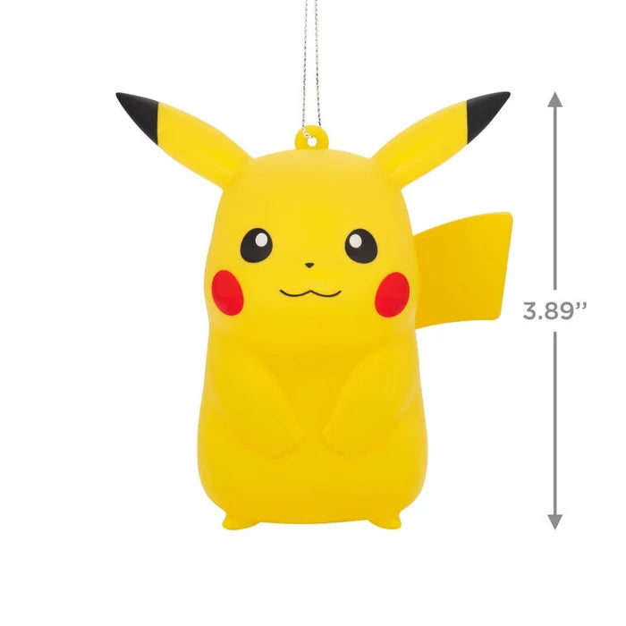 Yellow Pikachu plush toy with dimensions on a white background