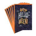 Stack of Halloween-themed greeting cards with 'Happy Hello-Ween!' text on a white background