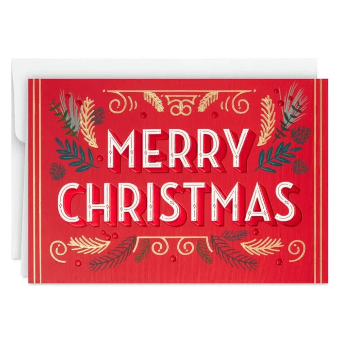 Red Christmas card with 'Merry Christmas' text and festive decorations on a white background