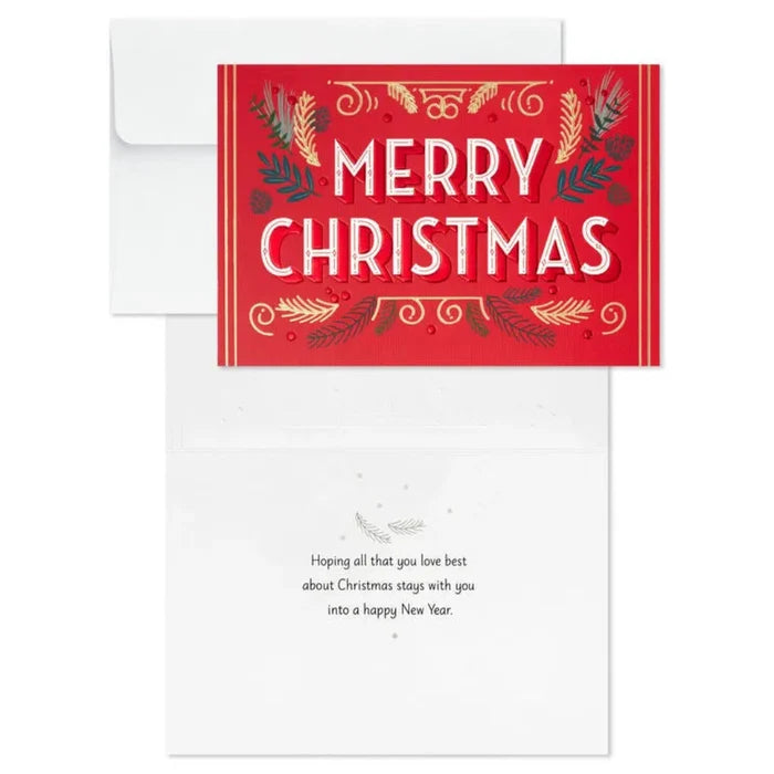 Christmas card with 'Merry Christmas' text and decorative elements on a red background.
