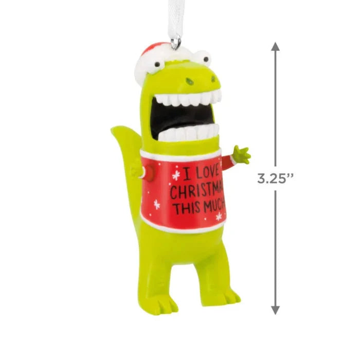 Green dinosaur ornament with a red sweater saying 'I love Christmas this much'  with dimensions on a white background.