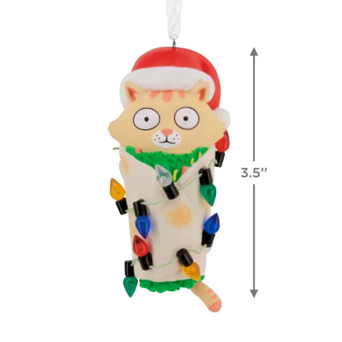 Cat Christmas ornament with Santa hat and lights, with a measurement label on a white background .