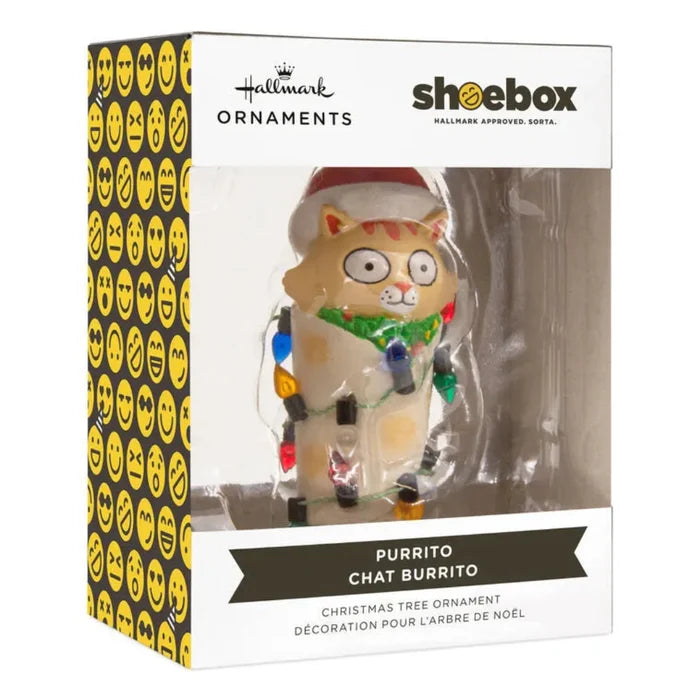 Cat-shaped Christmas ornament in a 'Shoebox' packaging with Hallmark branding on a white background .