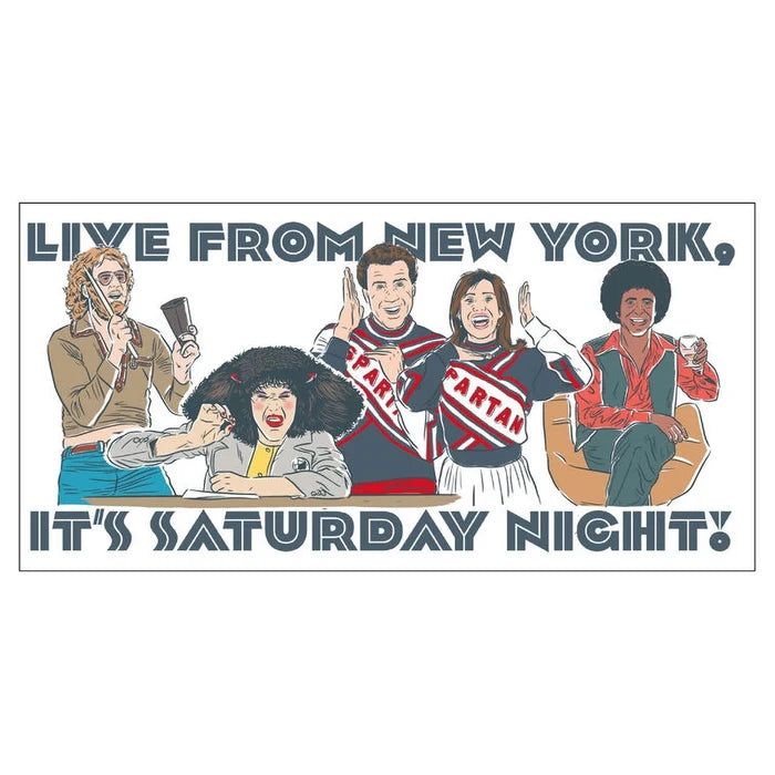 Illustration of a group of people with text 'Live from New York, it's Saturday Night!' on a white background