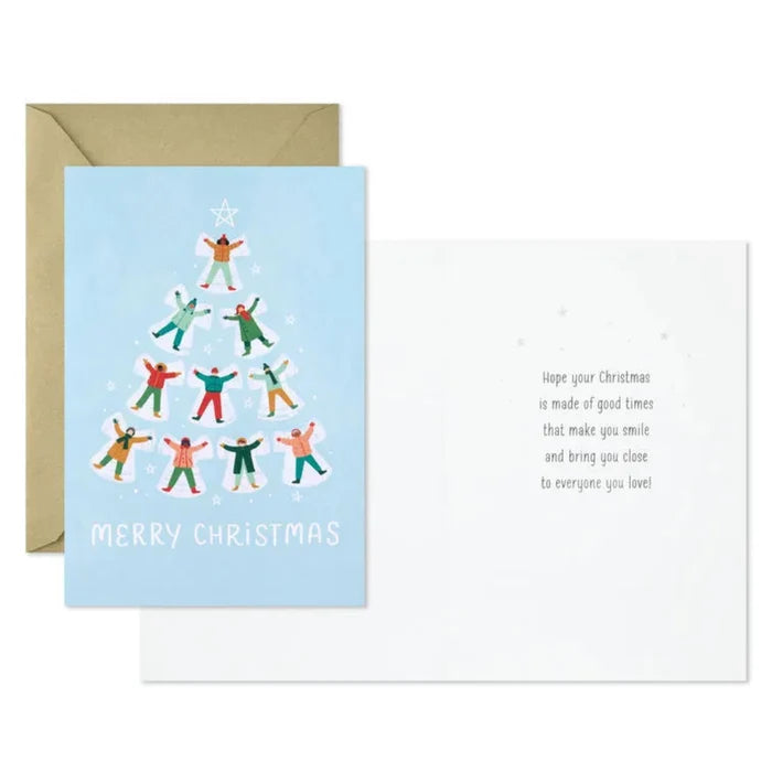 Christmas card with people in a tree formation on a light blue background