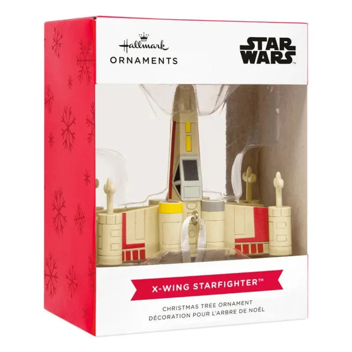 Hallmark Star Wars X-Wing Starfighter Christmas ornament packaging on a white background