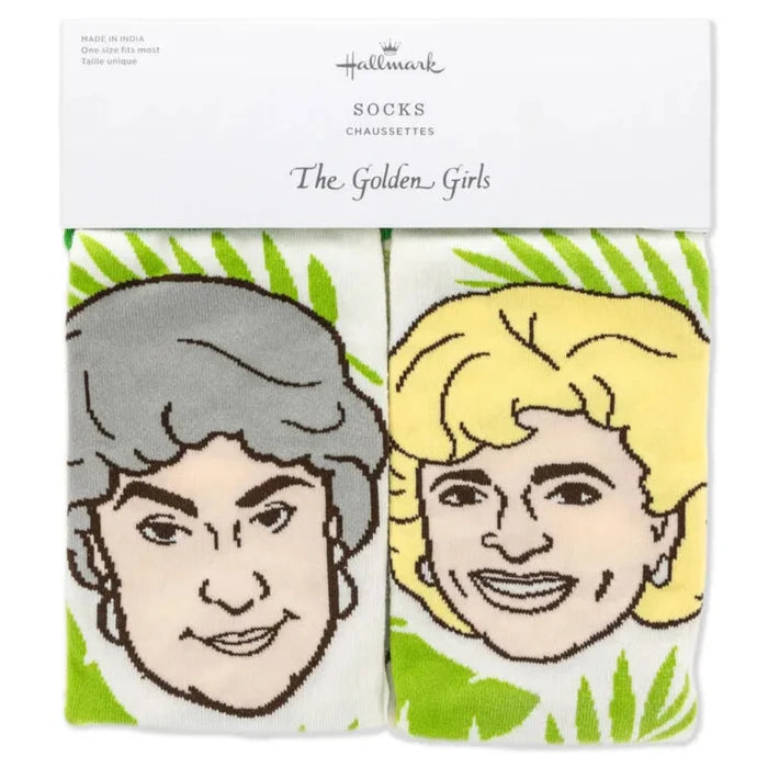Pack of socks with illustrations of two characters from 'The Golden Girls' on a white background.