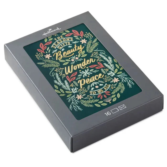 Gray box with a festive design featuring text and floral elements on a white background