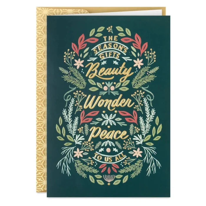 Greeting card with decorative text and floral elements on a dark green background