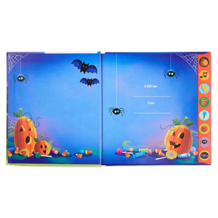 Halloween-themed book for kids with pumpkins, bats, and candy on a blue background. This book play sound for your kids.