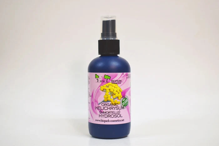 Bottle of organic helichrysum hydrofol on a white background