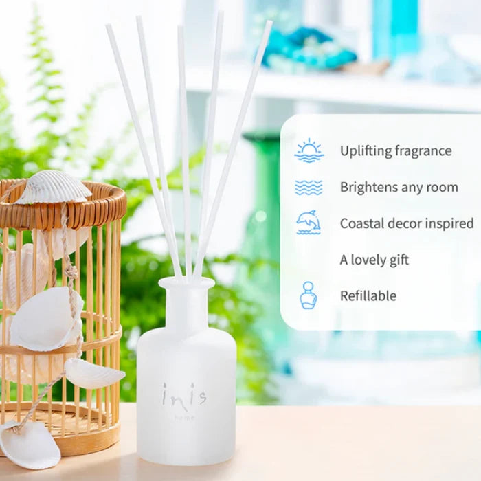This elegant reed diffuser continuously releases the signature Inis fragrance, creating a clean, uplifting atmosphere without the need for flames or electricity.