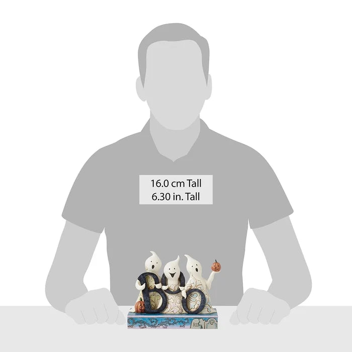 Jim Shore Ghosts with Boo figurine displayed with scale reference, measuring 16 cm tall (6.3 inches).