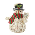 Front view of Jim Shore Snowman Snowflake Staff Mini Figurine with hat and scarf.