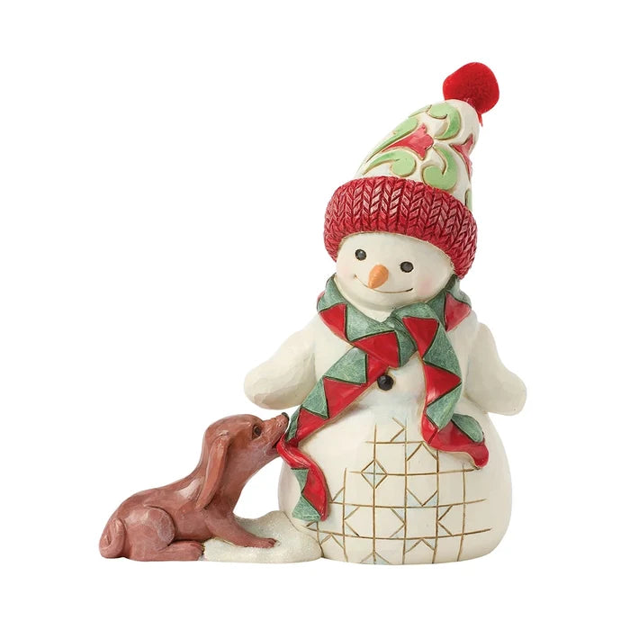 Front view of Jim Shore Snowman with Dog & Scarf Pint Figurine.