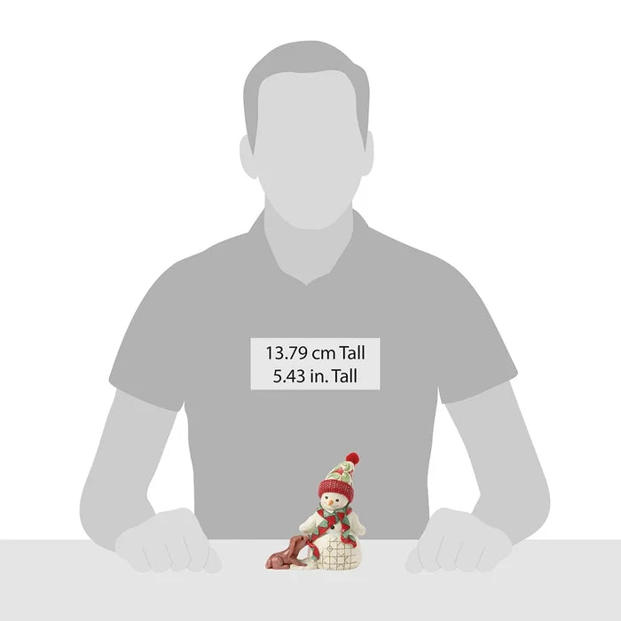 Size comparison of 5.43-inch Jim Shore snowman figurine with dog.
