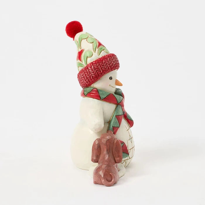 Side view showing hand-painted snowman and brown puppy details.
