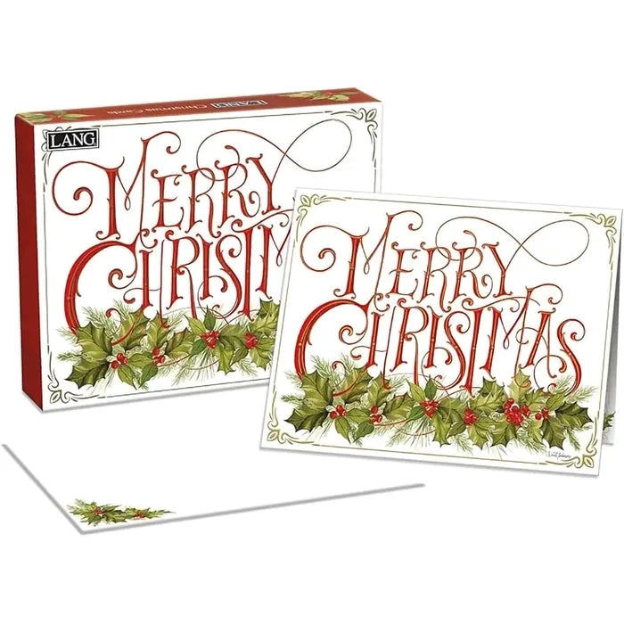 Christmas card set with 'Merry Christmas' text and holly design, featuring the brand 'LANG'.