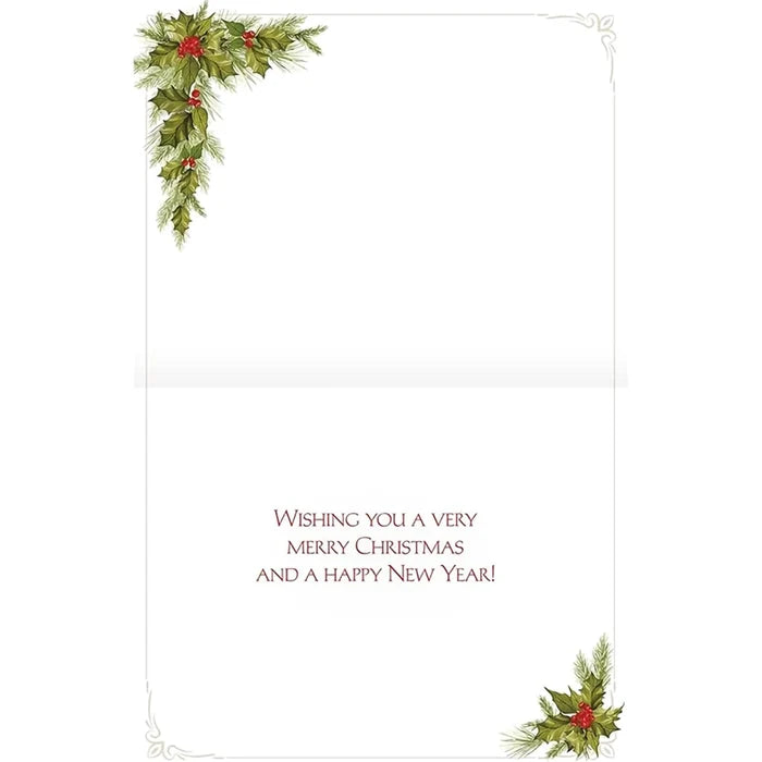 Christmas card with holly leaves and berries on a white background