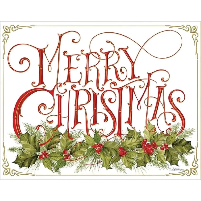 Decorative Christmas card with 'Merry Christmas' text and holly leaves.
