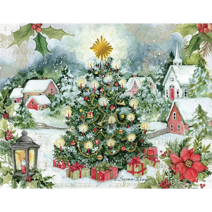 Boxed set of Lang Christmas Tree Christmas cards featuring a festive decorated tree with ornaments and presents beneath.”