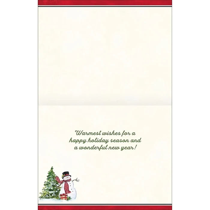 Holiday greeting cards with red truck and snowman illustration, designed by artist Susan Winget.