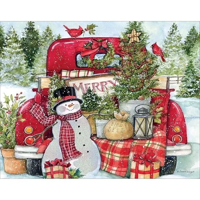 Festive Christmas cards featuring a red vintage truck and cheerful snowman artwork by Susan Winget
