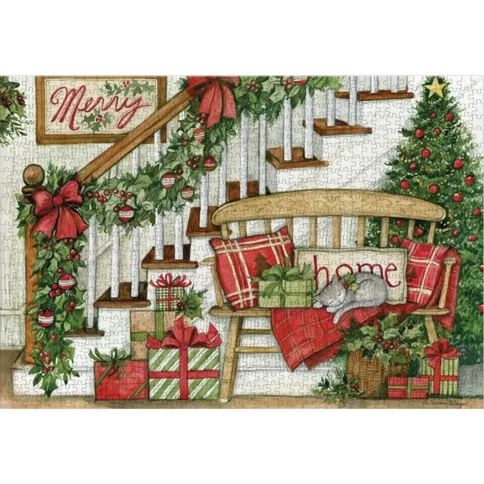 Decorative Christmas scene with a bench, tree, and presents on a white background