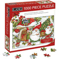 Box of a 1000-piece puzzle featuring gnomes and a house, with puzzle pieces displayed.