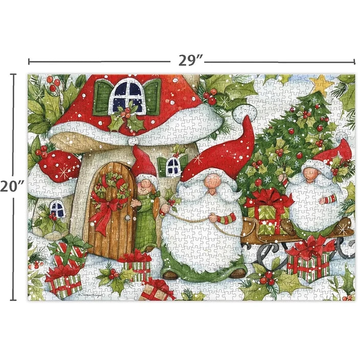Christmas-themed puzzle with gnomes, a mushroom house, and a tree, featuring dimensions 29" x 20".
