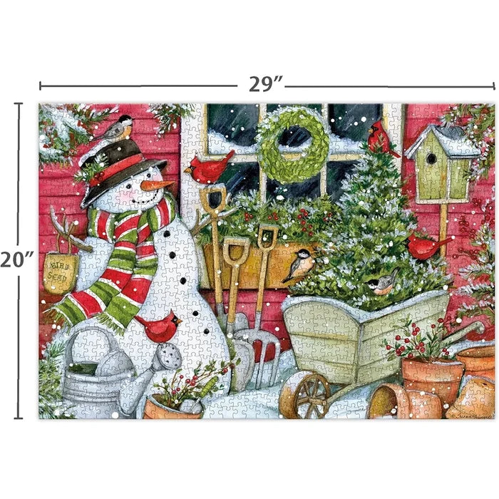 Christmas-themed puzzle with a snowman, tree, and festive elements on a white background.