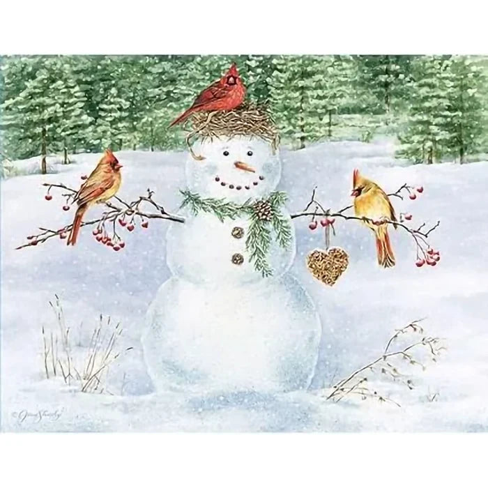 Snowman with cardinals and a heart in a snowy landscape Christmas  Card