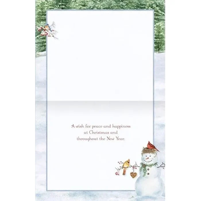 Christmas card with a snowman and birds in a snowy landscape