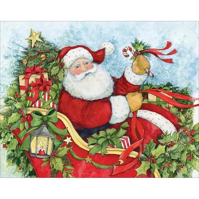 Set of Lang Christmas cards showcasing cheerful Santa carrying presents  in his sleigh.