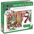 Jigsaw puzzle box with a snowman and festive scene, featuring the LANG brand.