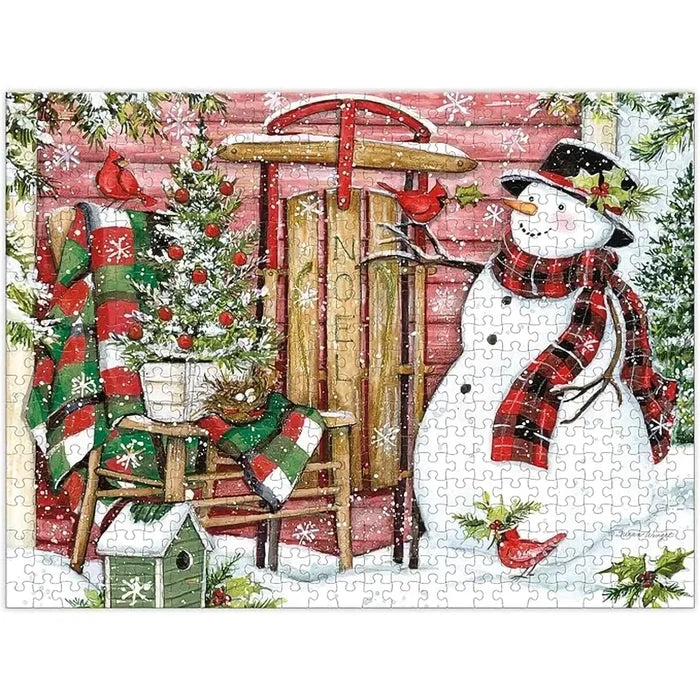 Christmas-themed puzzle with a snowman, tree, and cabin design.