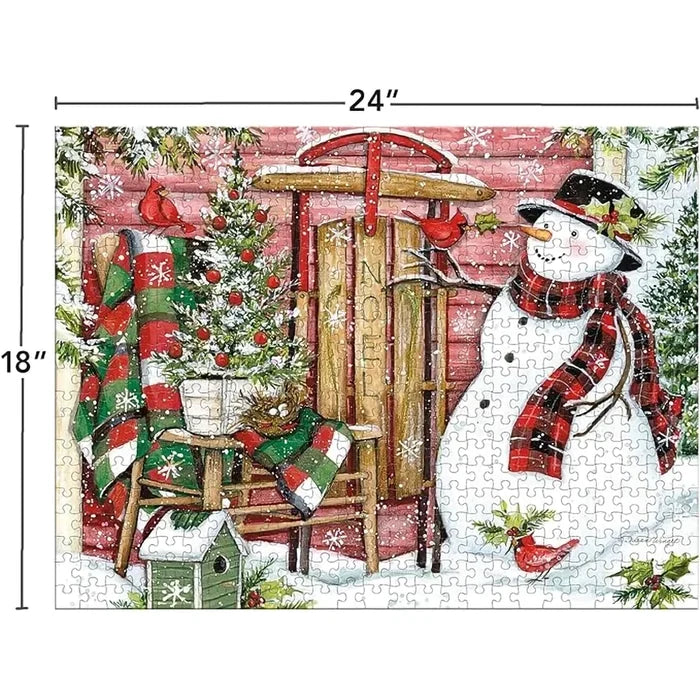 Christmas-themed puzzle with a snowman, tree, and cabin design, featuring dimensions 24" x 18".