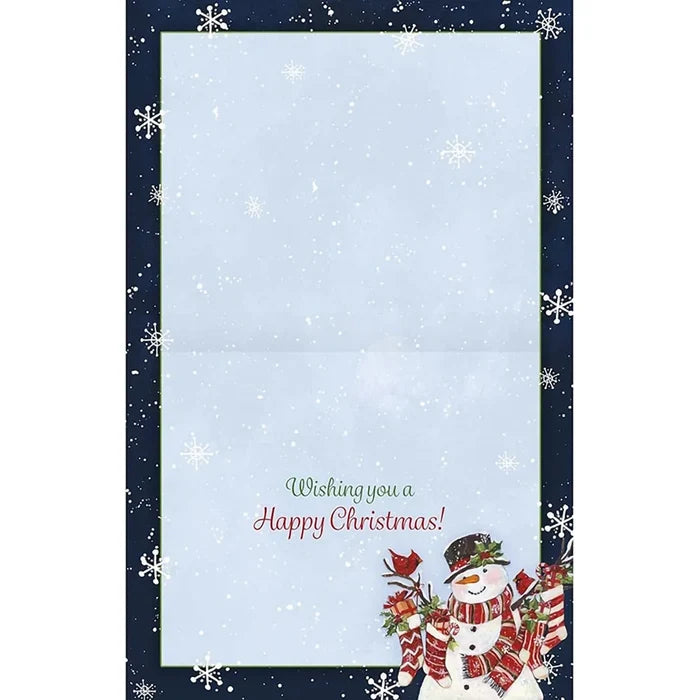 Christmas card with a snowman holding a red bag and snowflakes on a blue background.