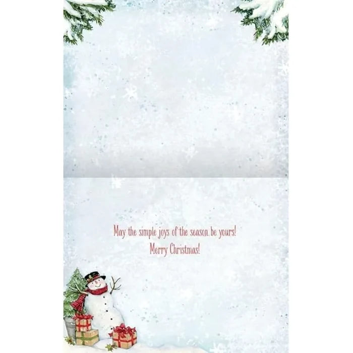 Boxed set of Lang Snowman’s Farmhouse Christmas cards showing a smiling snowman in front of a rustic farmhouse decorated for the holidays.”