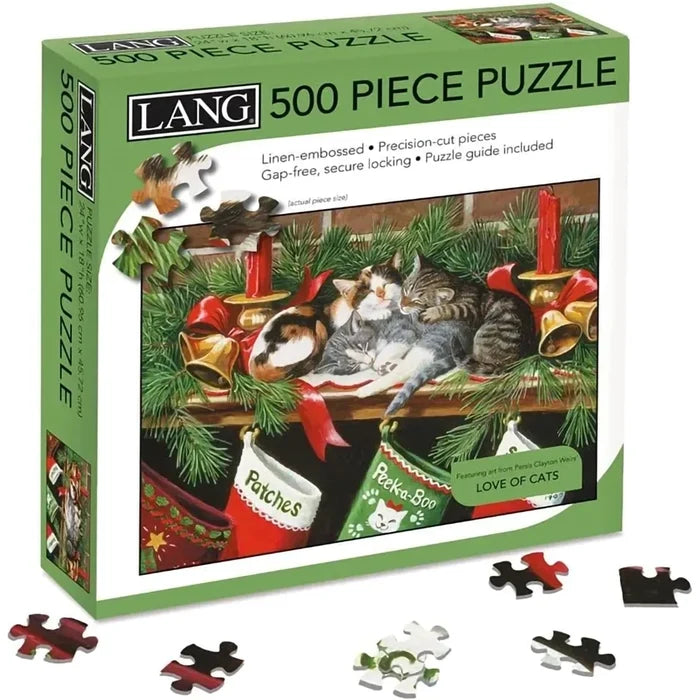 Box of LANG 500 piece puzzle featuring cats and Christmas decorations.