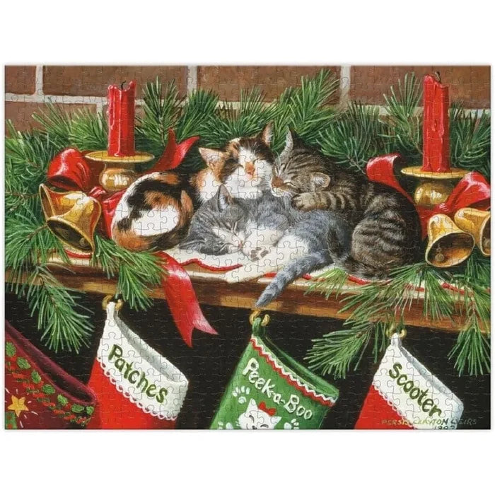 Christmas-themed puzzle with cats on a fireplace mantle surrounded by decorations.