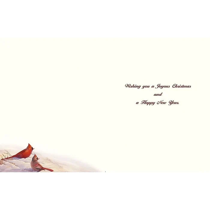Cardinal birds on a snowy background with Christmas greeting text.