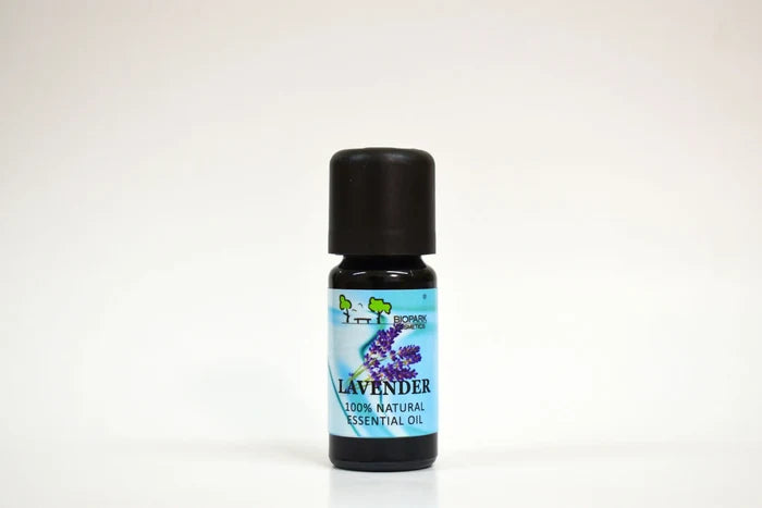 Bottle of lavender essential oil on a white background