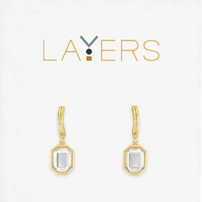 Elegant gold earrings adorned with white crystals, showcasing a layered design for a sophisticated look.