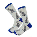 Knee-high socks with cat pattern and blue accents on a white background