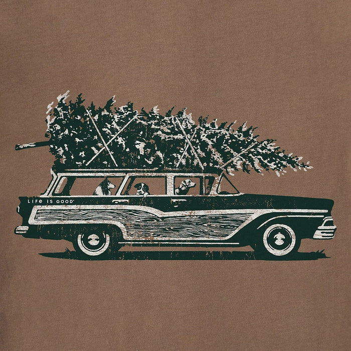 Close-up of Life Is Good Christmas Tree Wagon graphic showing vintage car with Christmas tree and dogs inside.